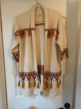 Matilda Jane Cream Open-Front Tassel Knit Cardigan with Red and Mustard Accents
